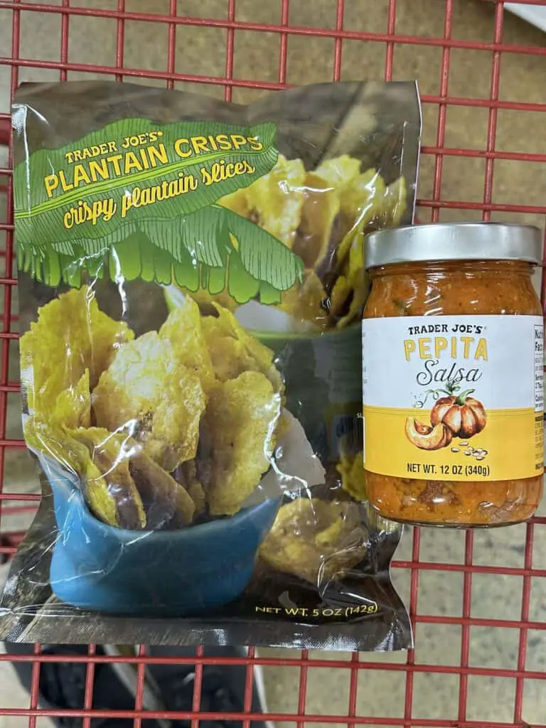 Plantain Crisps and Pepita salsa, one of the best Trader Joe's vegan appetizers.