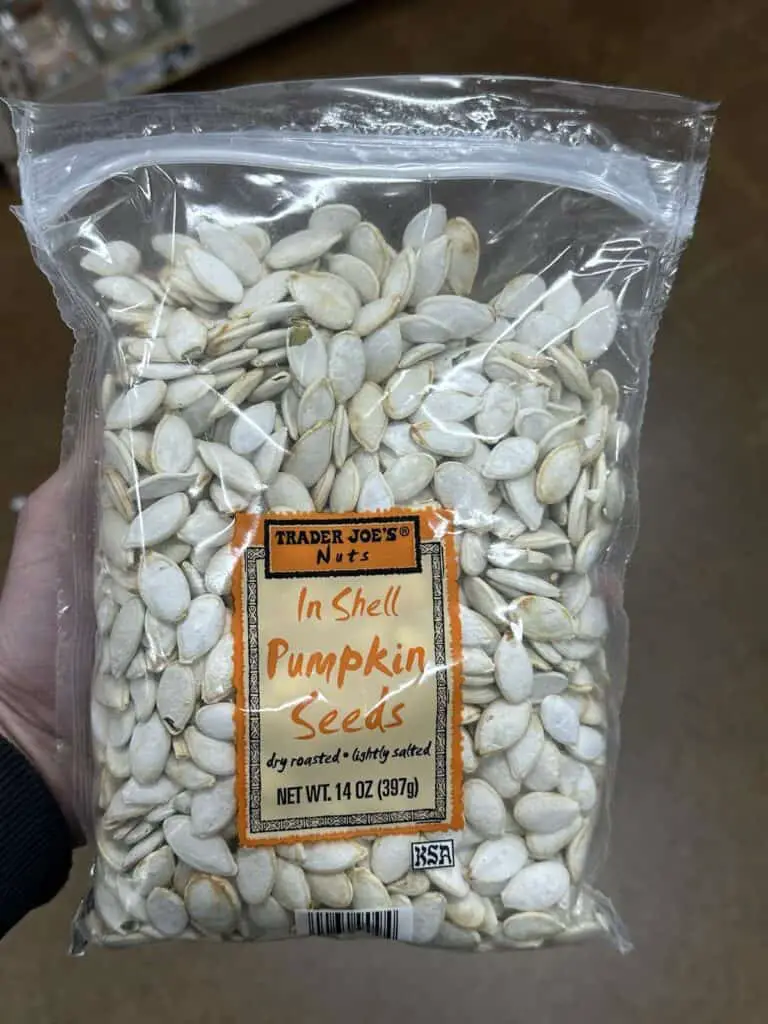 Bag of Trader Joe's in shell pumpkin seeds.