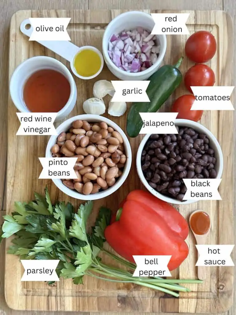 Ingredients labeled on cutting board for Poor Man's Caviar.