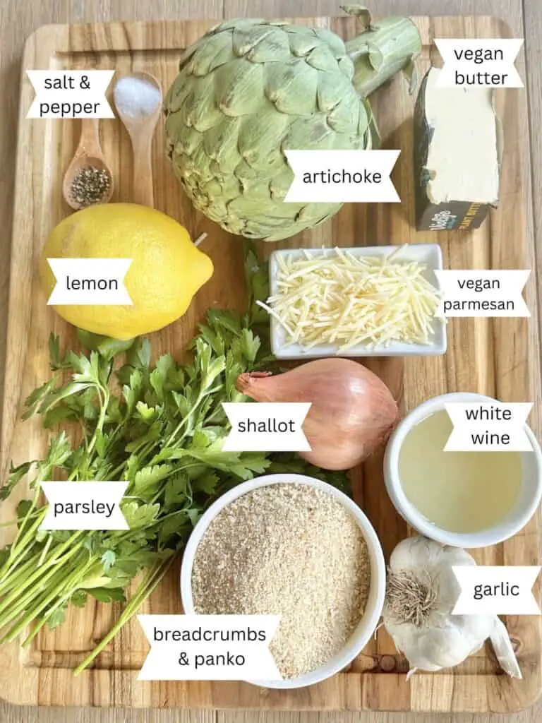 Labeled ingredients for vegan stuffed artichokes recipe.