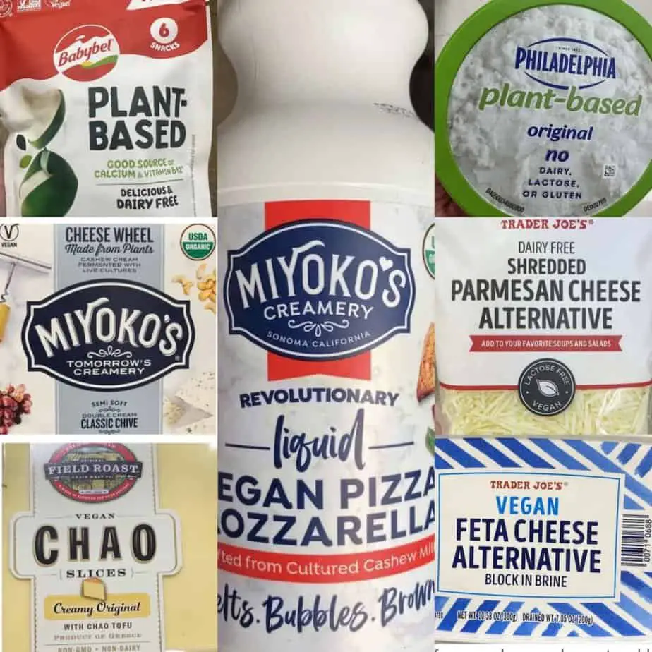 Collage of 7 brands of vegan cheese that are highlighted in post below.
