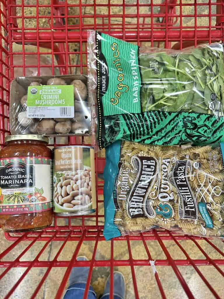 Ingredients for hearty pasta in shopping cart.