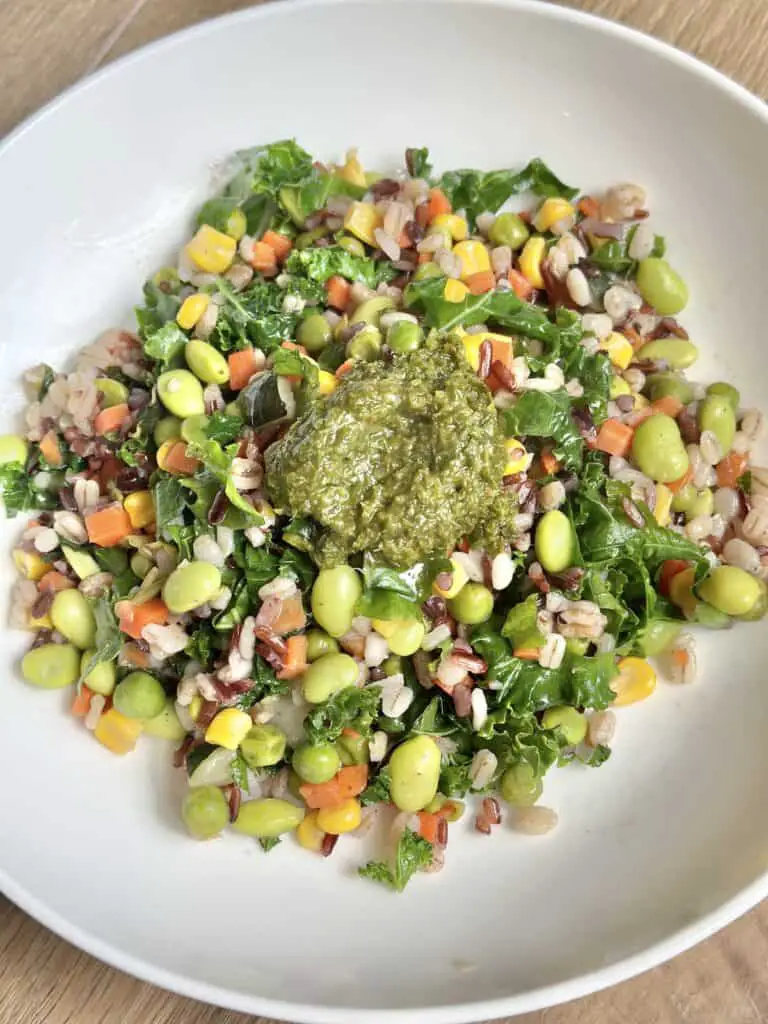 Grain and veggie bowl topped with chimichurri sauce, in a white round bowl.