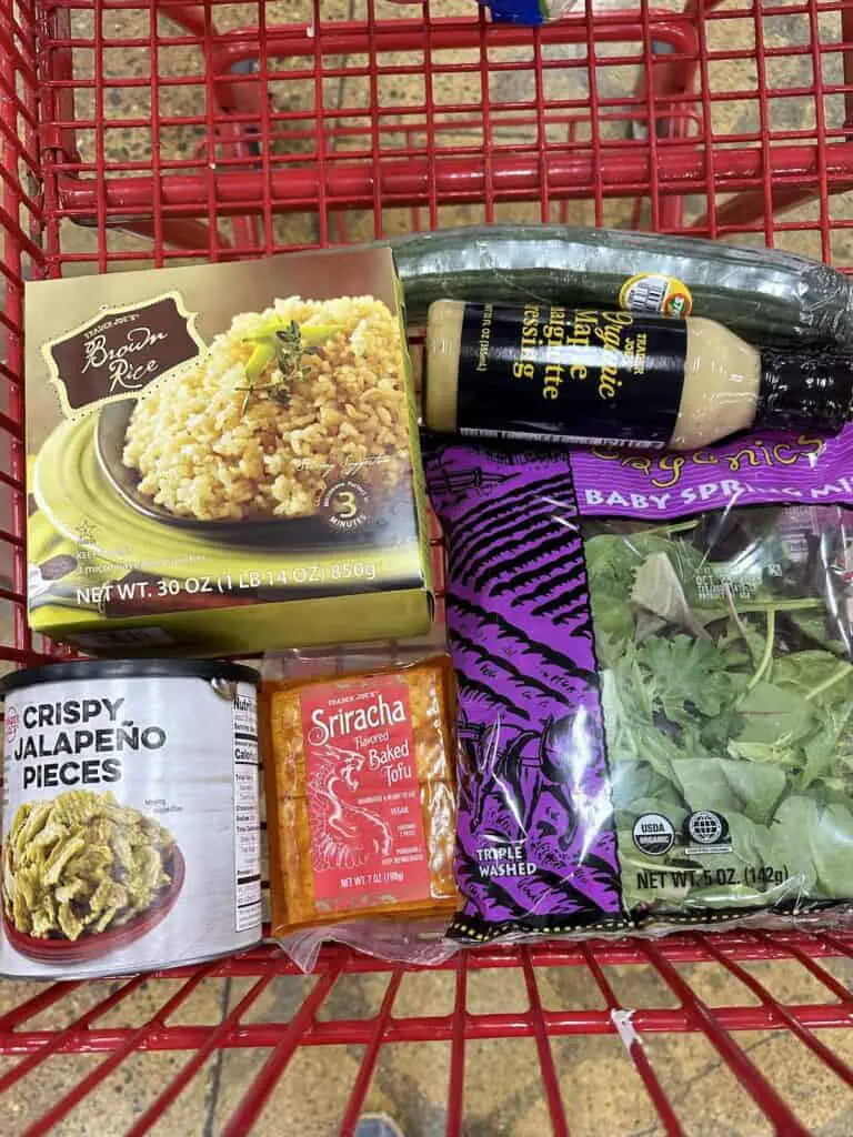 Shopping cart with sweet and spicy rice salad ingredients.