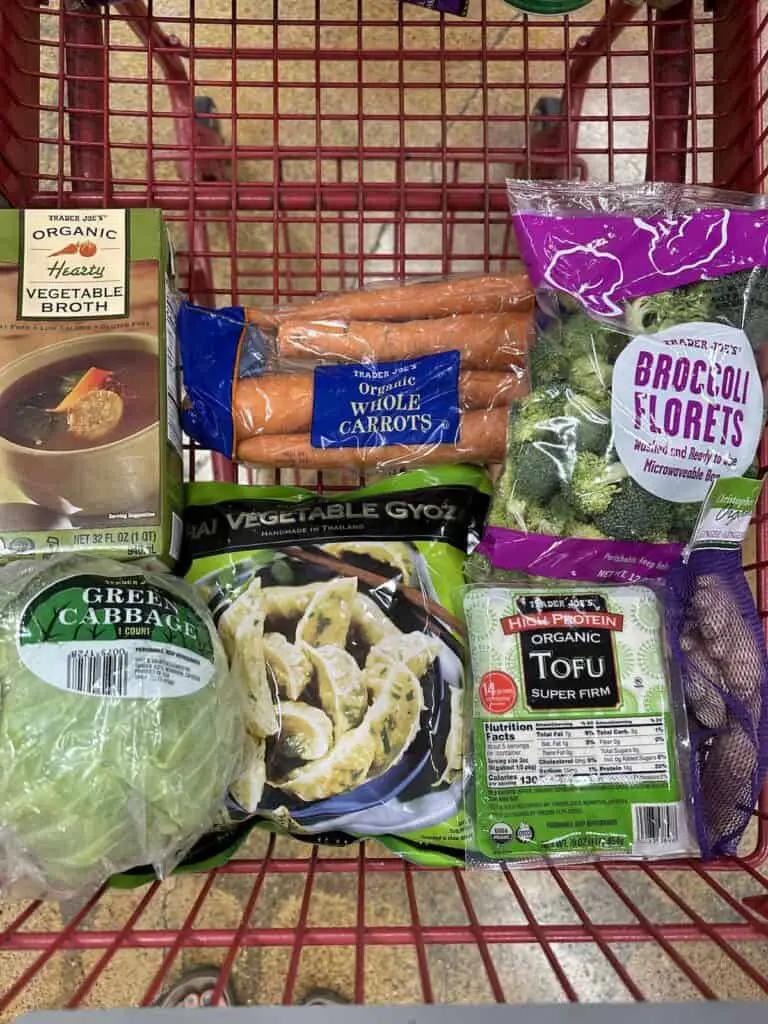Shopping cart with ingredients for easy vegan gyoza soup.