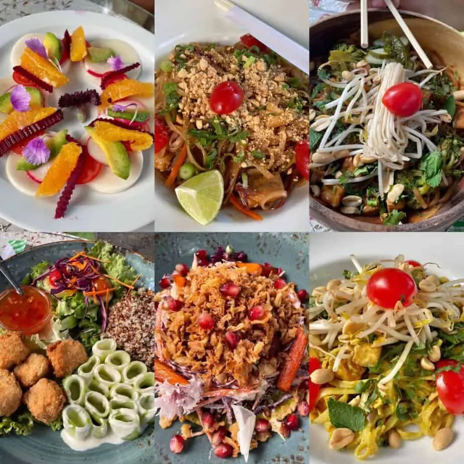 Collage of vegan dishes from travels to Lisbon, Portugal.