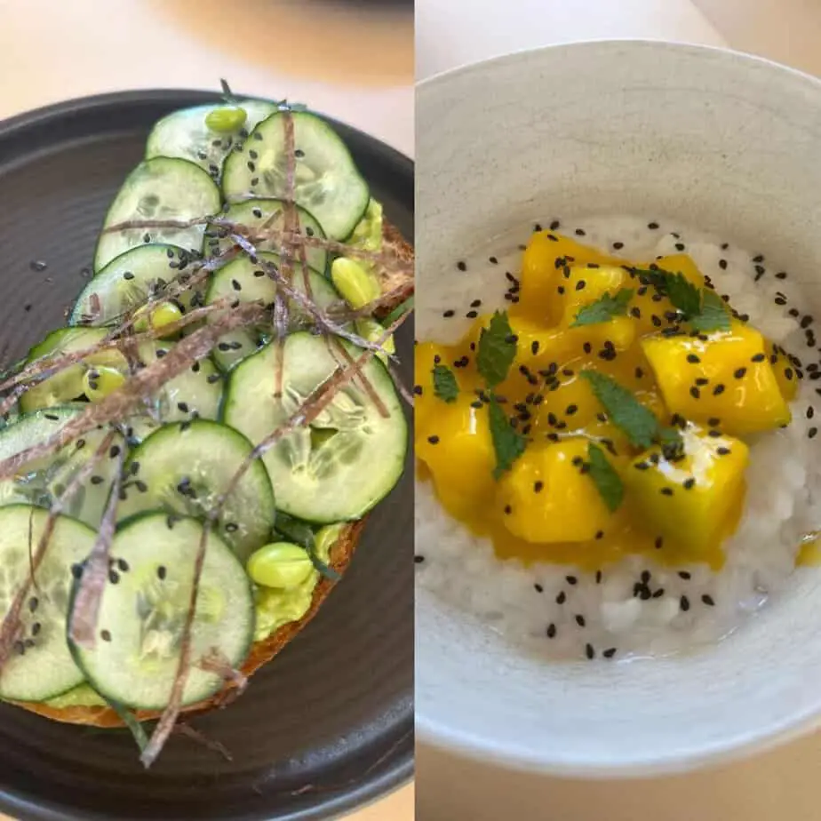 Vegan avocado toast and mango porridge at The Folk Cafe.