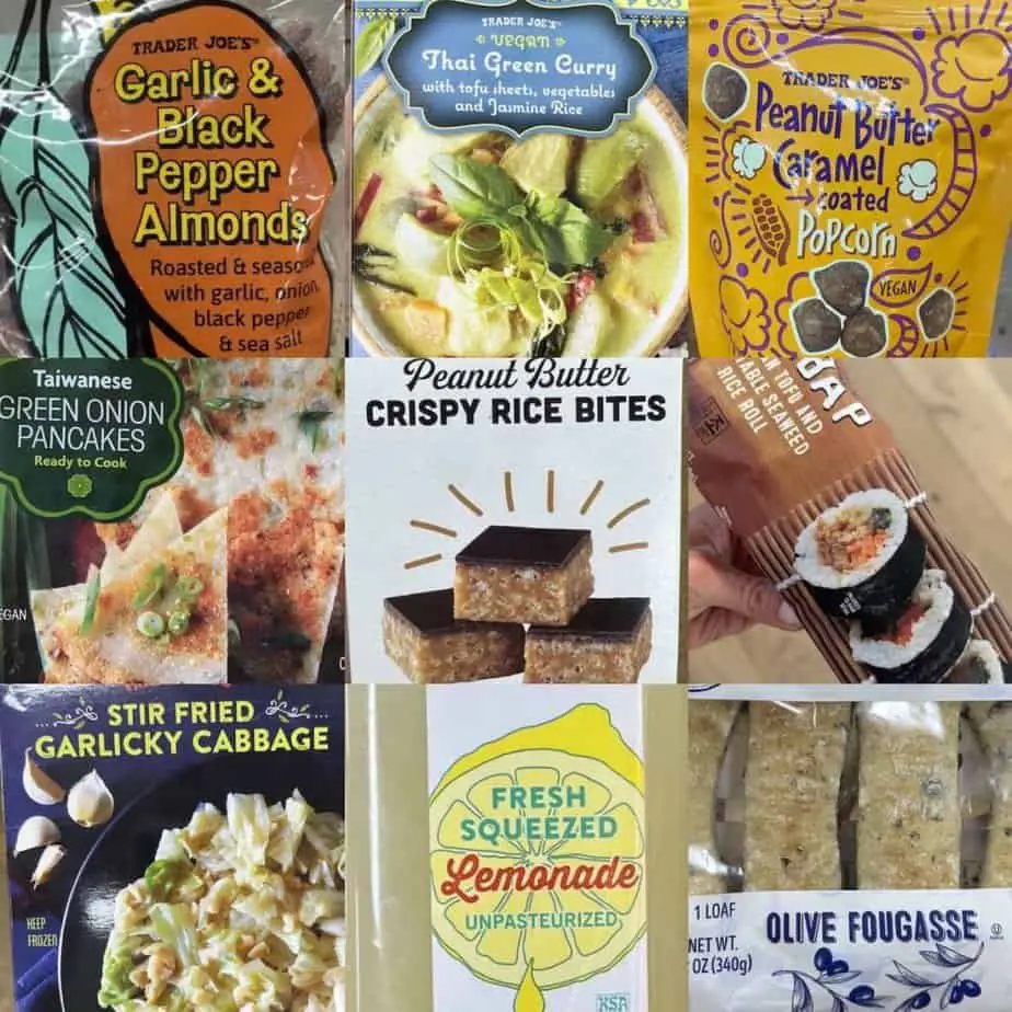 Collage of some of the best 2024 items from this Trader Joe's vegan food list!
