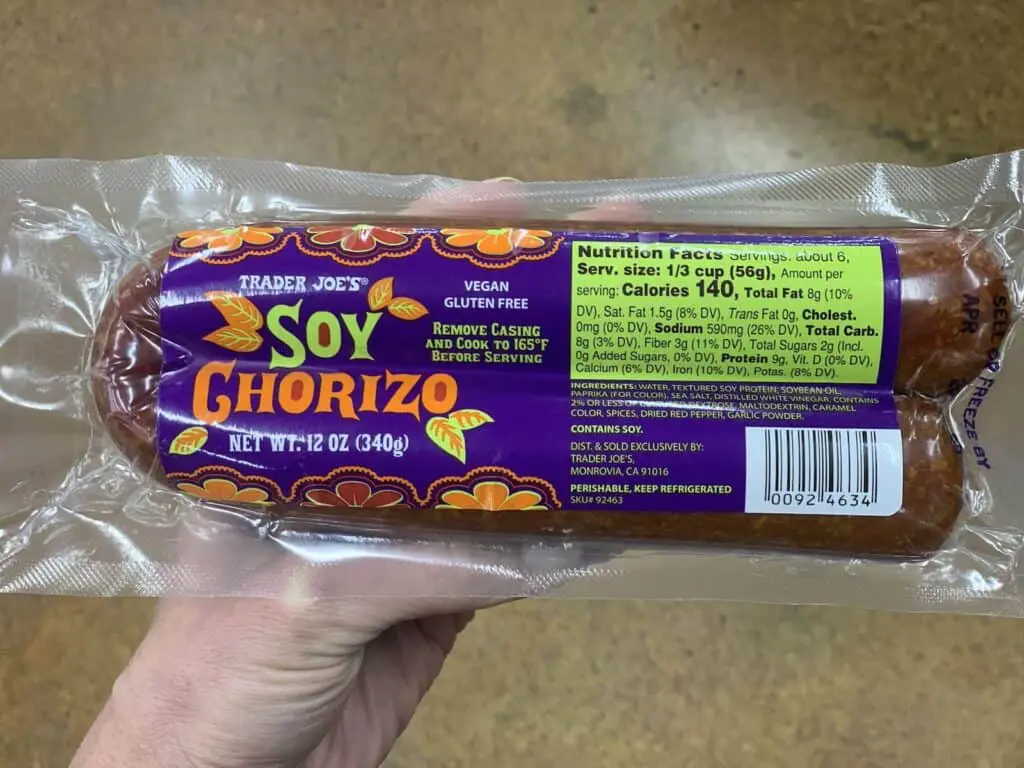Soy chorizo package, photo taken at Trader Joe's.