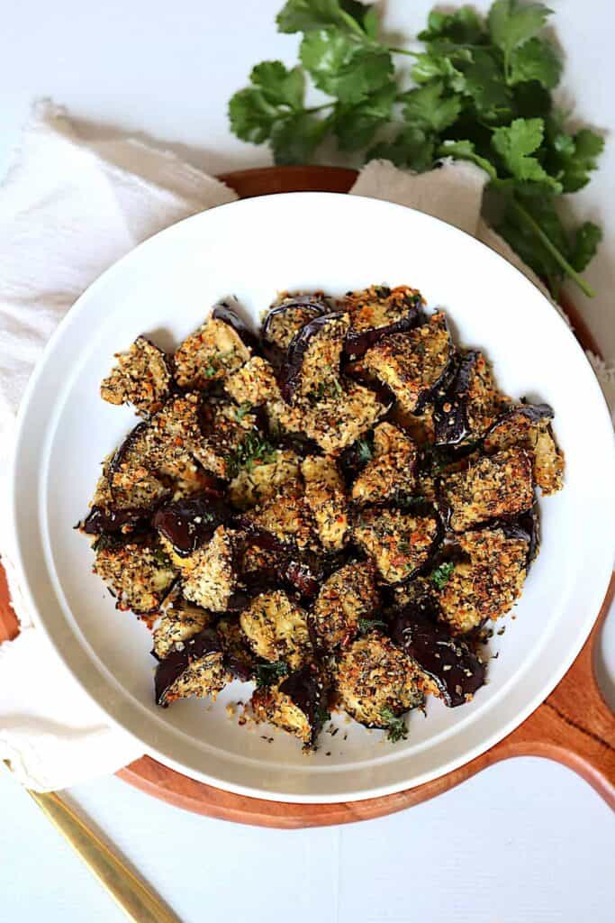 Breaded crispy eggplant on a plate.