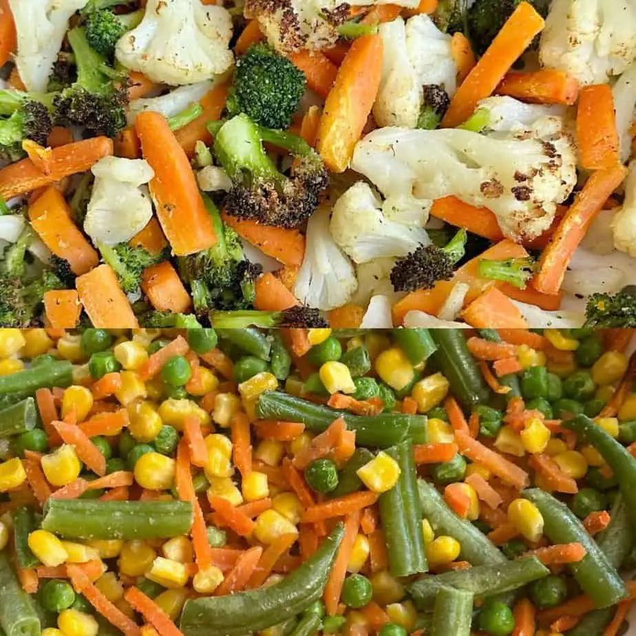 Air fryer frozen vegetables: close ups of broccoli, cauliflower, carrots, and a mix of corn, green beans, carrots, and peas.