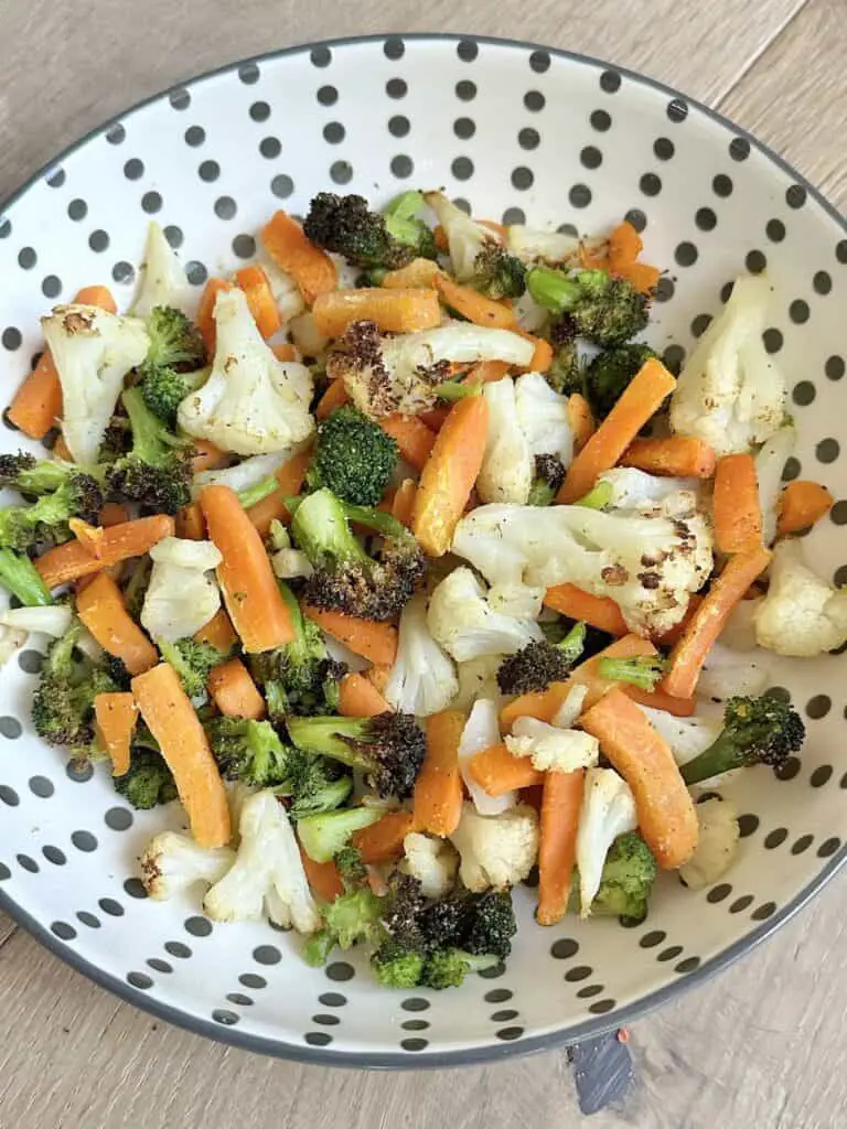 Air fried crozen cruciferous veggies plated.