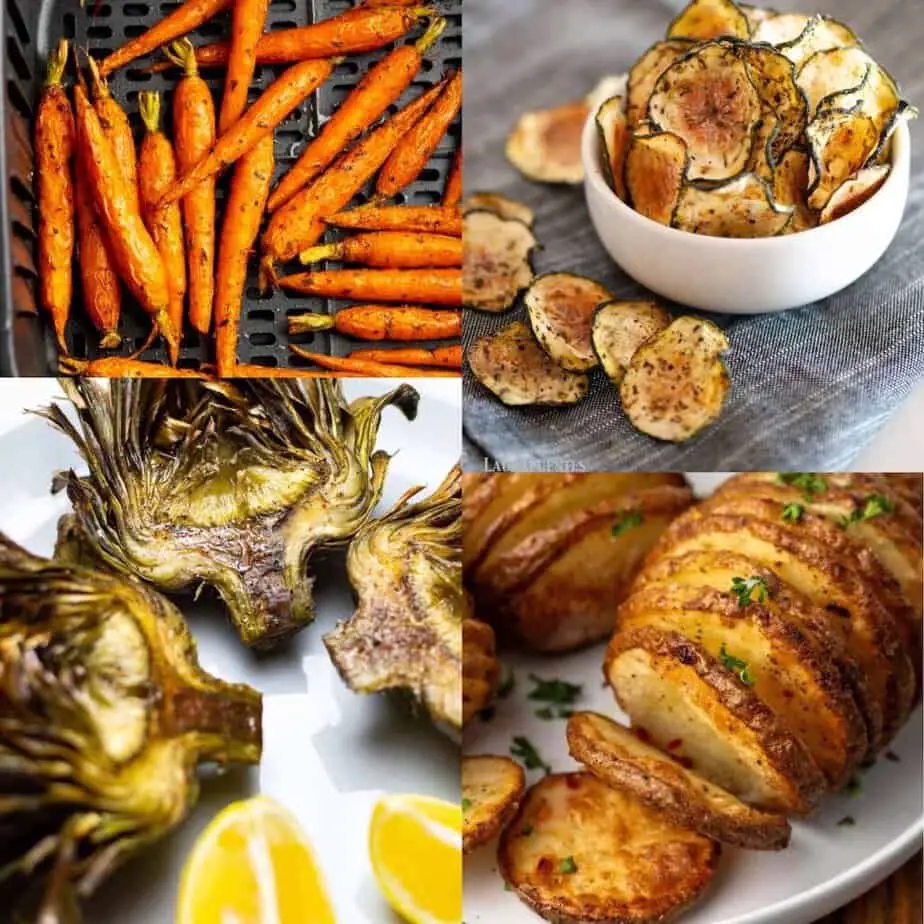 Collage of four of the recipes: carrots, zucchini chips, artichokes, and hasselback potatoes.