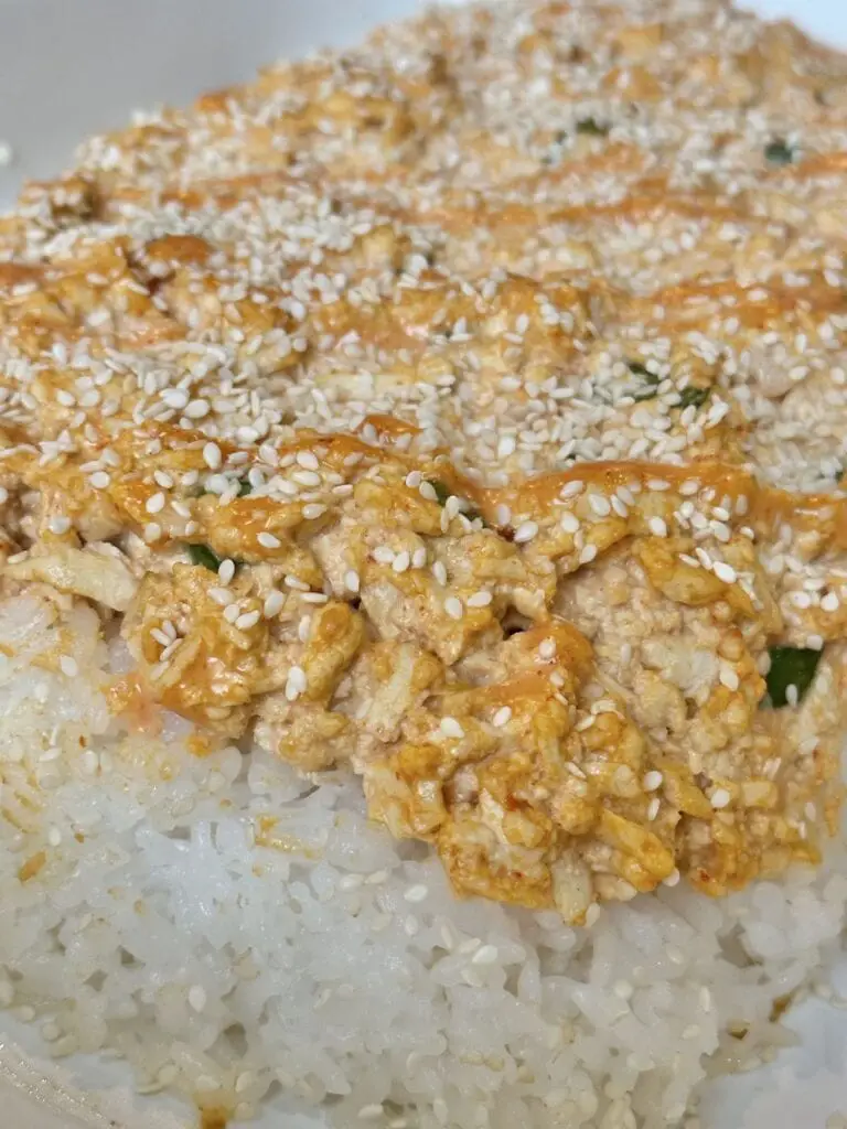 Close up of this easy vegan sushi bake after baking.