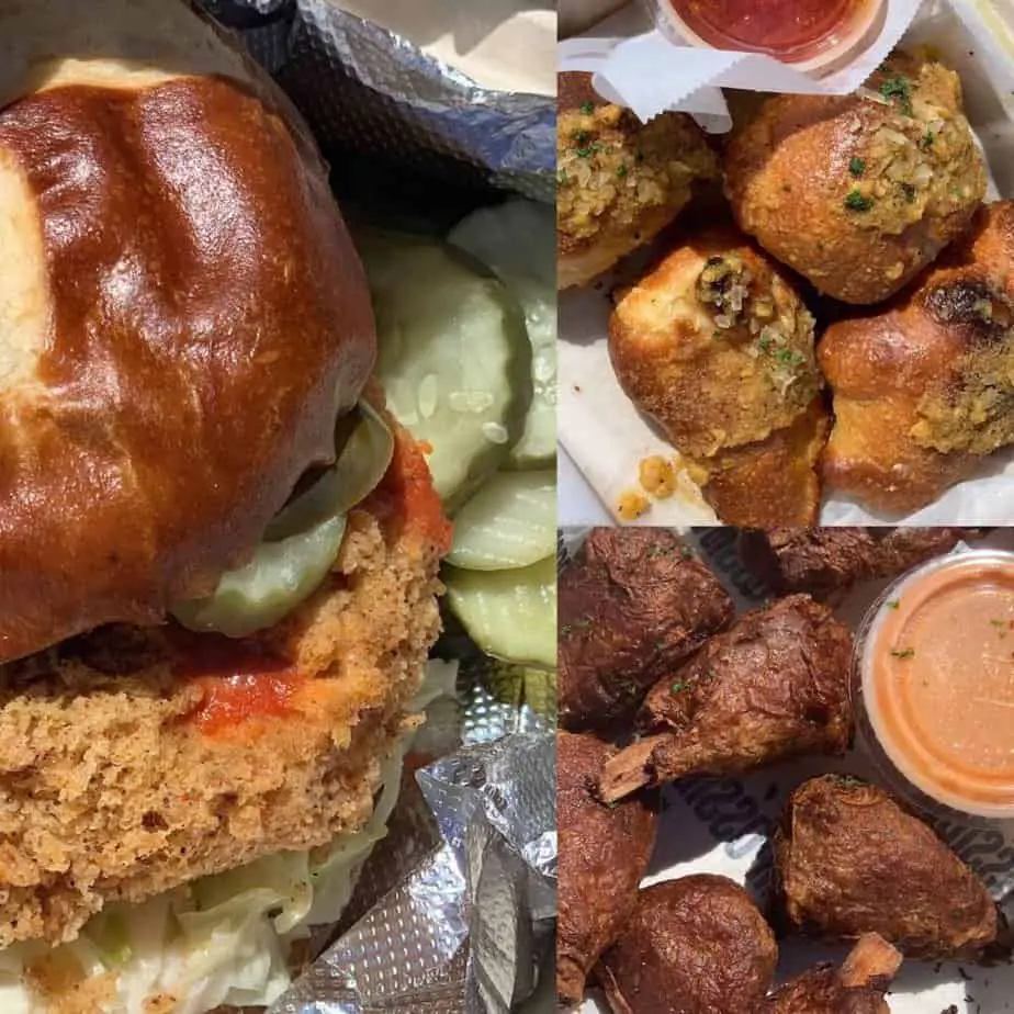 Collage of the best of Cybelle's Front Room vegan items: fried Buffalo Chick'n sandwich, garlic knots, and vegan drumsticks.