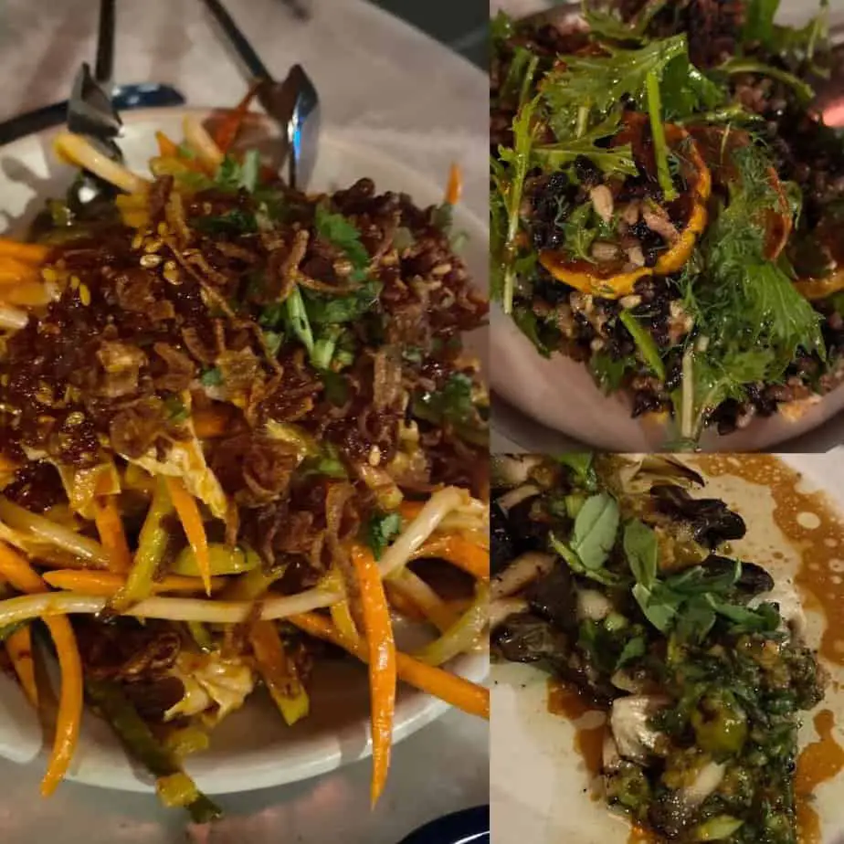 Collage of standout dishes at Good Good Culture Club: the hodo yuba, rice salad, and mushrooms.