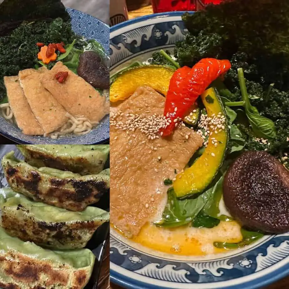 Collage of menu highlights at Hinodeya Rmen...miso ramen, creamy ramen, and vegan dumplings.