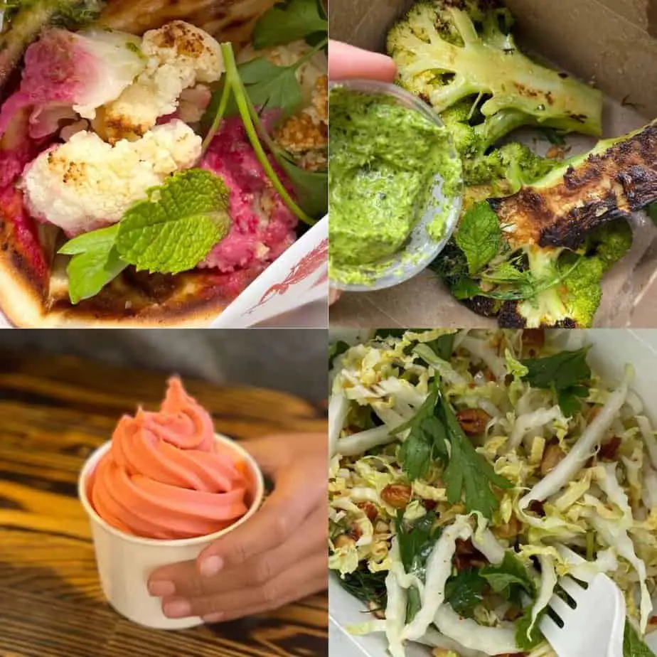 Collage of gorgeous plant-based items at RT Rotisserie, including the cauliflower wrap, broccoli with chimichurri, cabbage almond salad, and vegan soft serve!