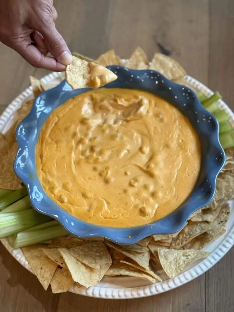 Dig in! Hand scooping dip onto a tortilla chip.