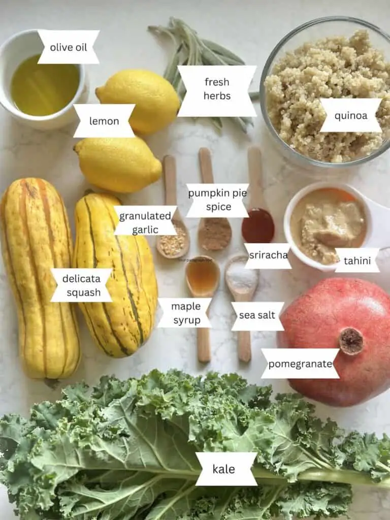 Labeled ingredients for delicate squash bowl on a white countertop.