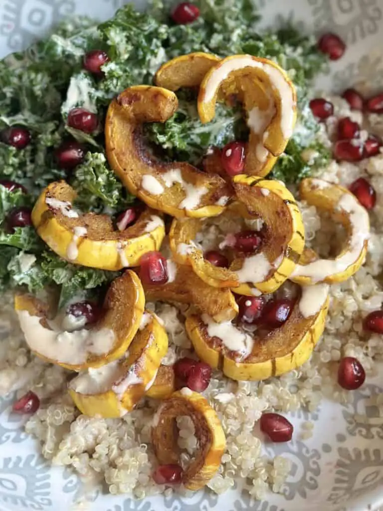 Close up of delicata squash bowl with quinoa, pomegranate seeds, and kale, topped with tahini dressing, shown in grey and white patterned bowl.