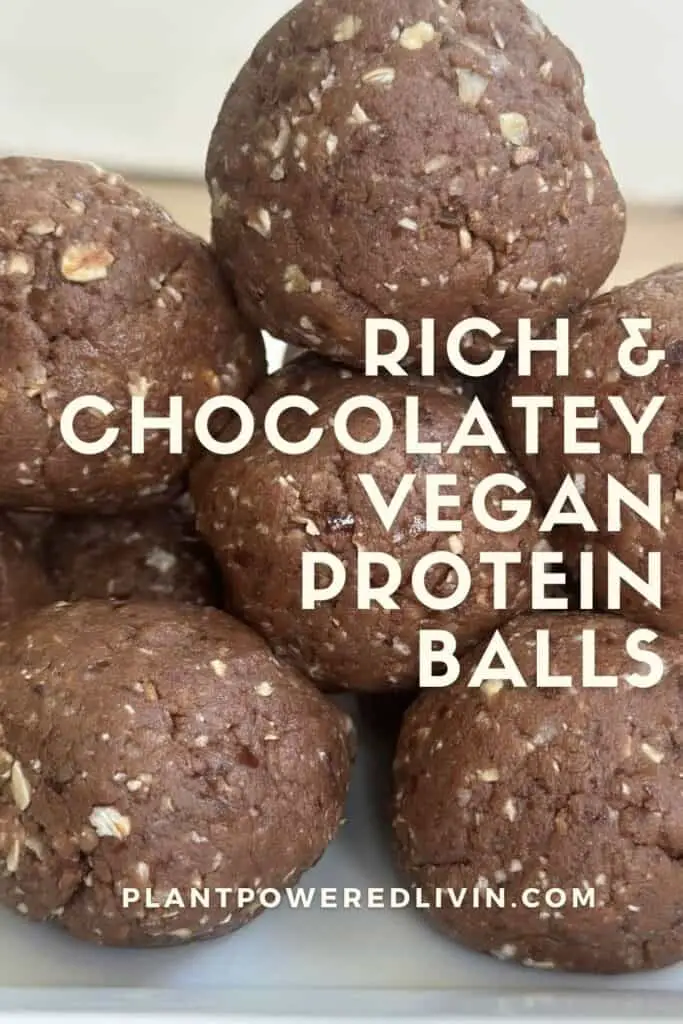 Pinterest pin for rich chocolate vegan protein balls.
