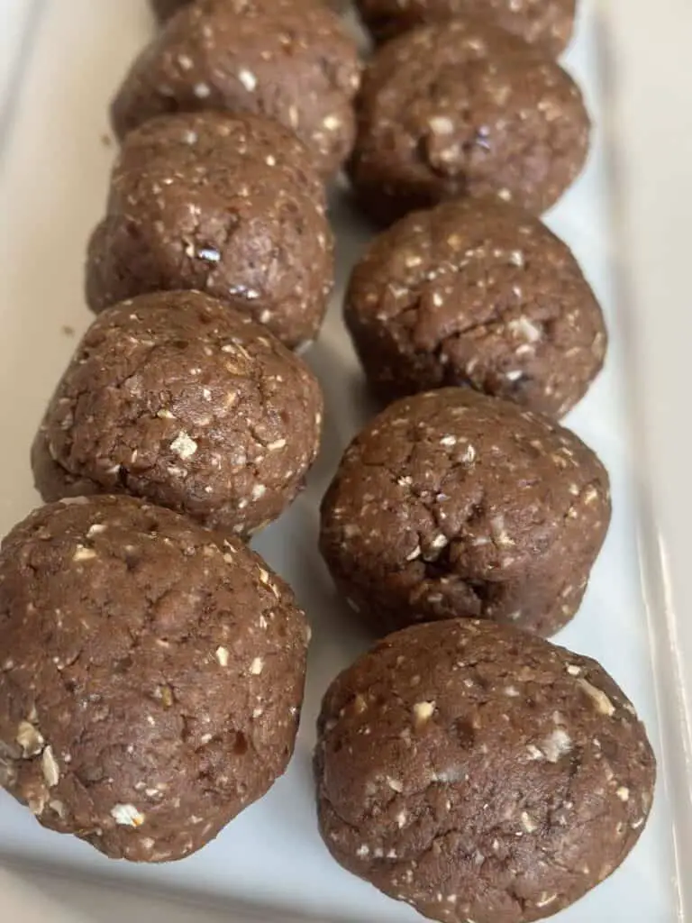 Fudgy vegan protein balls lined up on plate.