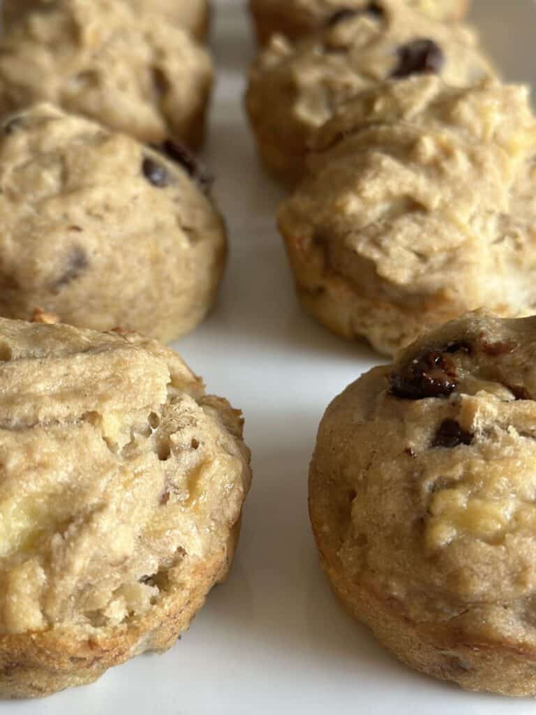 Close up of two rows of banana muffins, some with chocolate chips and some without.