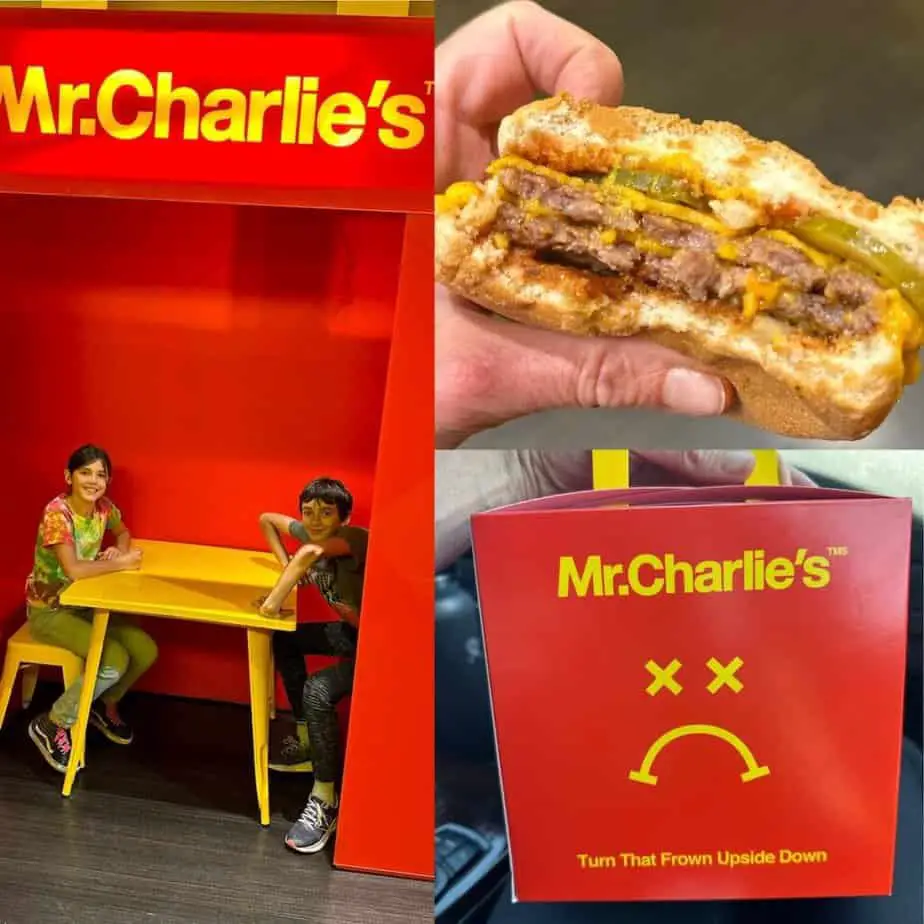 Mr. Charlie's collage including the cheeseburger, happy meal box, and the interior with kids sitting inside a larger-than-life happy meal box!